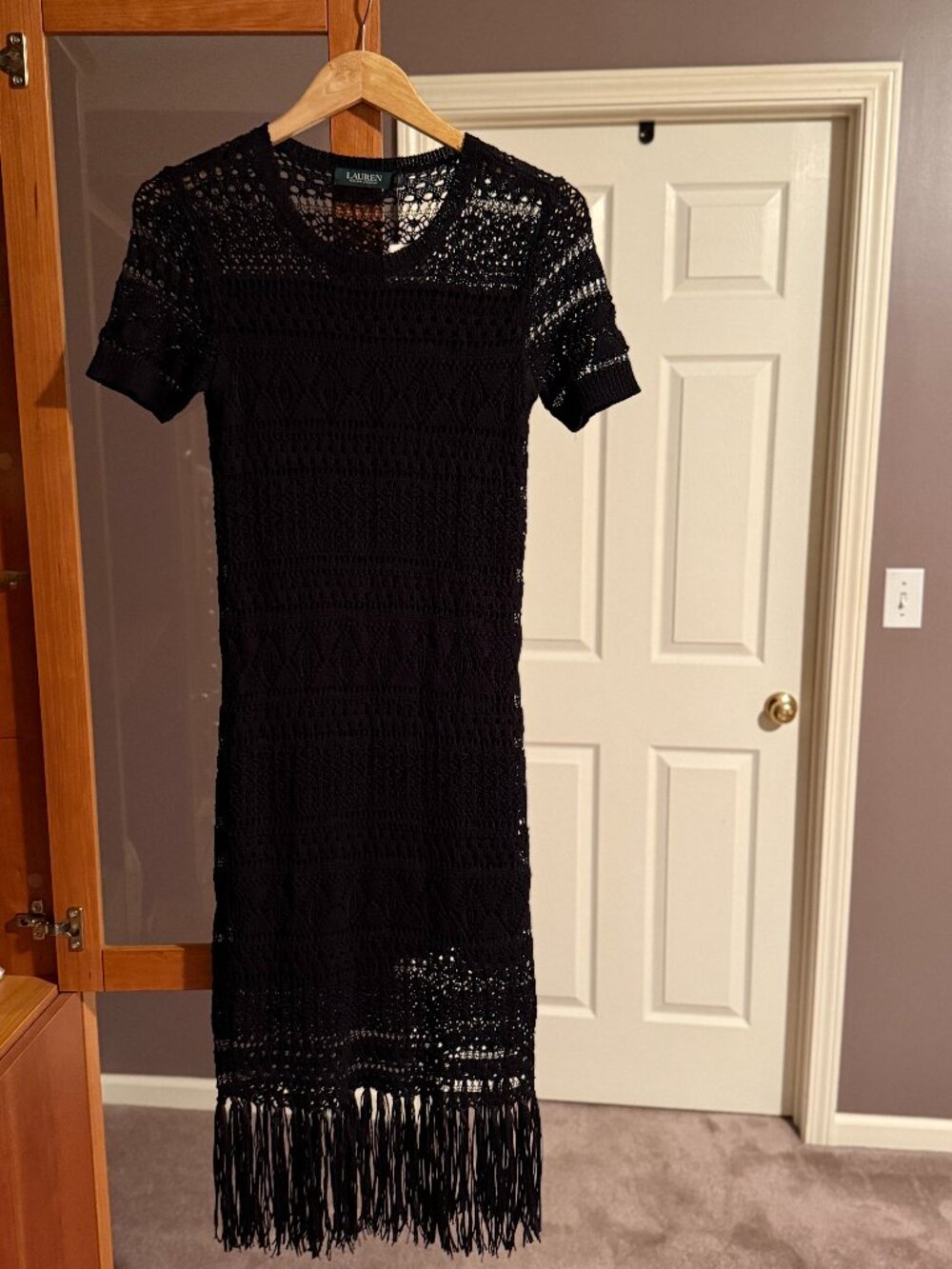 Lauren Ralph Lauren Black Crochet Fringe Midi Dress, Size Small, NWT
